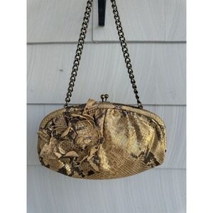 Isabella Fiore Gold Metallic‎ Python Annette Flower Clutch Bag